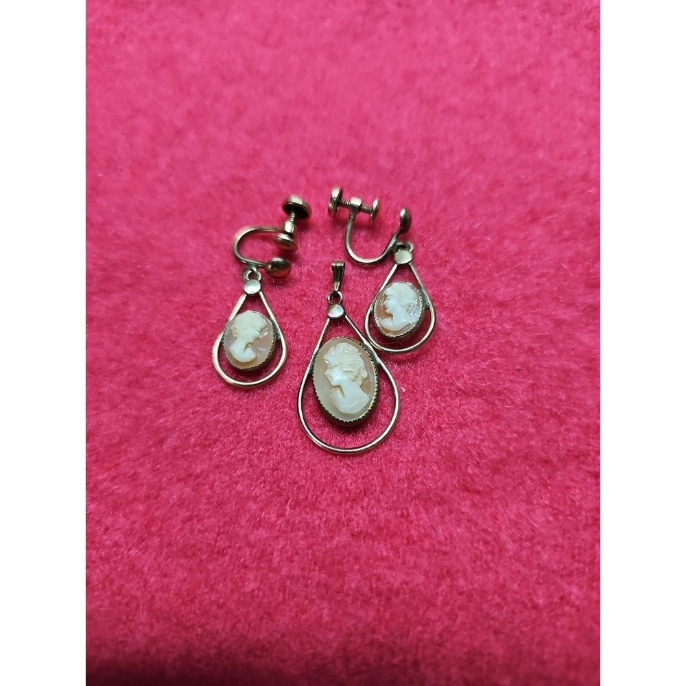 Vintage Cameo Earrings & Pendant Set 12k‎ Gold Fill Teardrop